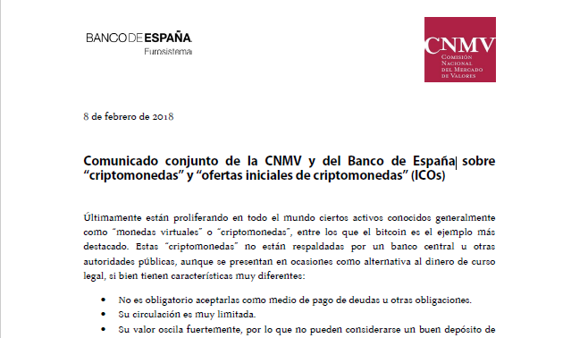 Comunicado conjunto de la CNMV y del Banco de España