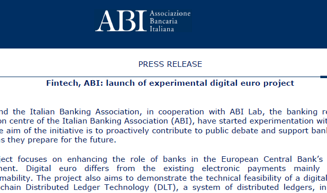 ABI - LAUNCH OF EXPERIMENTAL DIGITAL EURO PROJECT